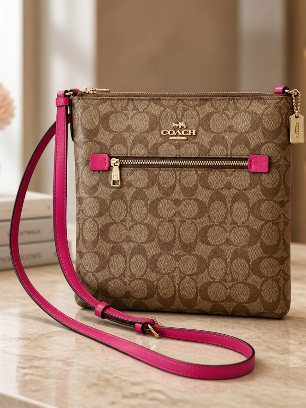 Coach Brown Signature Crossbody with Pink Trim